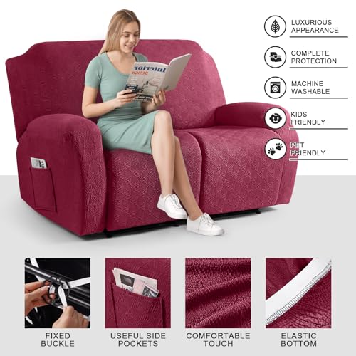 Image of Timeles Recliner Covers Recliner Loveseat Covers Reclining Couch Covers Sofa Slipcovers Stretch Soft Washable (Two-Seater, Burgundy)