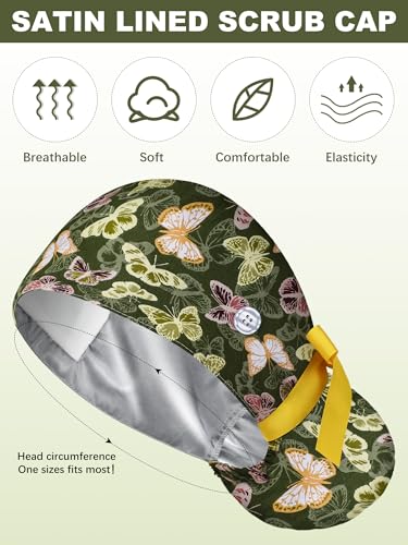 Image of 6 Pc Satin Lined Scrub Caps Women with Buttons Ponytail