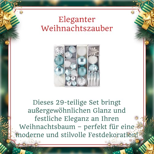 HEITMANN DECO 29er Set Christbaumkugeln Sortiment - Weihnachtsschmuck zum Aufhängen - Kunststoff Christbaumschmuck türkis weiß Silber – Ansicht 6