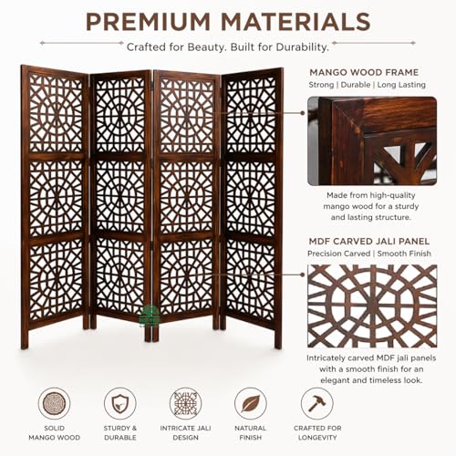 Image of Wooden Room Divider 6 Feet, 4-Panel Folding Wooden Partition for Living Room, Office, Pooja Room, Restaurant, Kitchen & Balcony (2W x 1.82H Meters). (Brown-Circle Lattice)