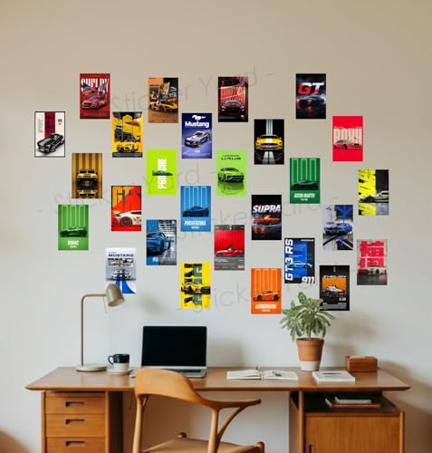 Image of StickerYard Car Wall Posters Set of 27 (4x6 Inch) Mini Prints | Classic Retro Car Collage Kit for Room, Garage & Office | 300 GSM Matte Photo Paper, Double Sided Tape Included | Antique Automobile Wall Art Decor