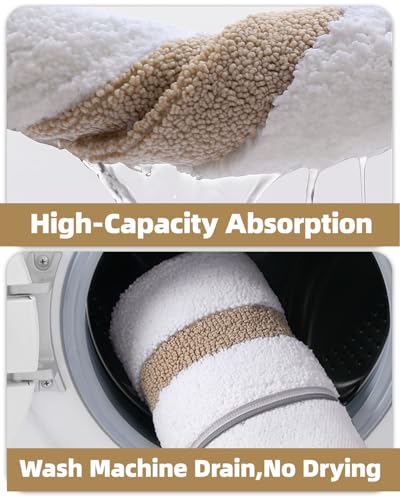 Image of Color&Geometry Extra Soft Absorbent Microfiber Bath Rugs, Non-Slip Bathroom mat, Small Washable Plush Bath Mats for Bathroom, Shower, Tub, Laundry, 17x30, White and Khaki