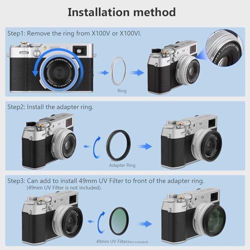 Haoge 49 mm Filteradapterring für Fujinon X100VI X100V Kamera-Zubehör, passend für 49 mm UV-CPL ND-Filter, passend für Original-Objektivdeckel, schwarz, LAR-X55B