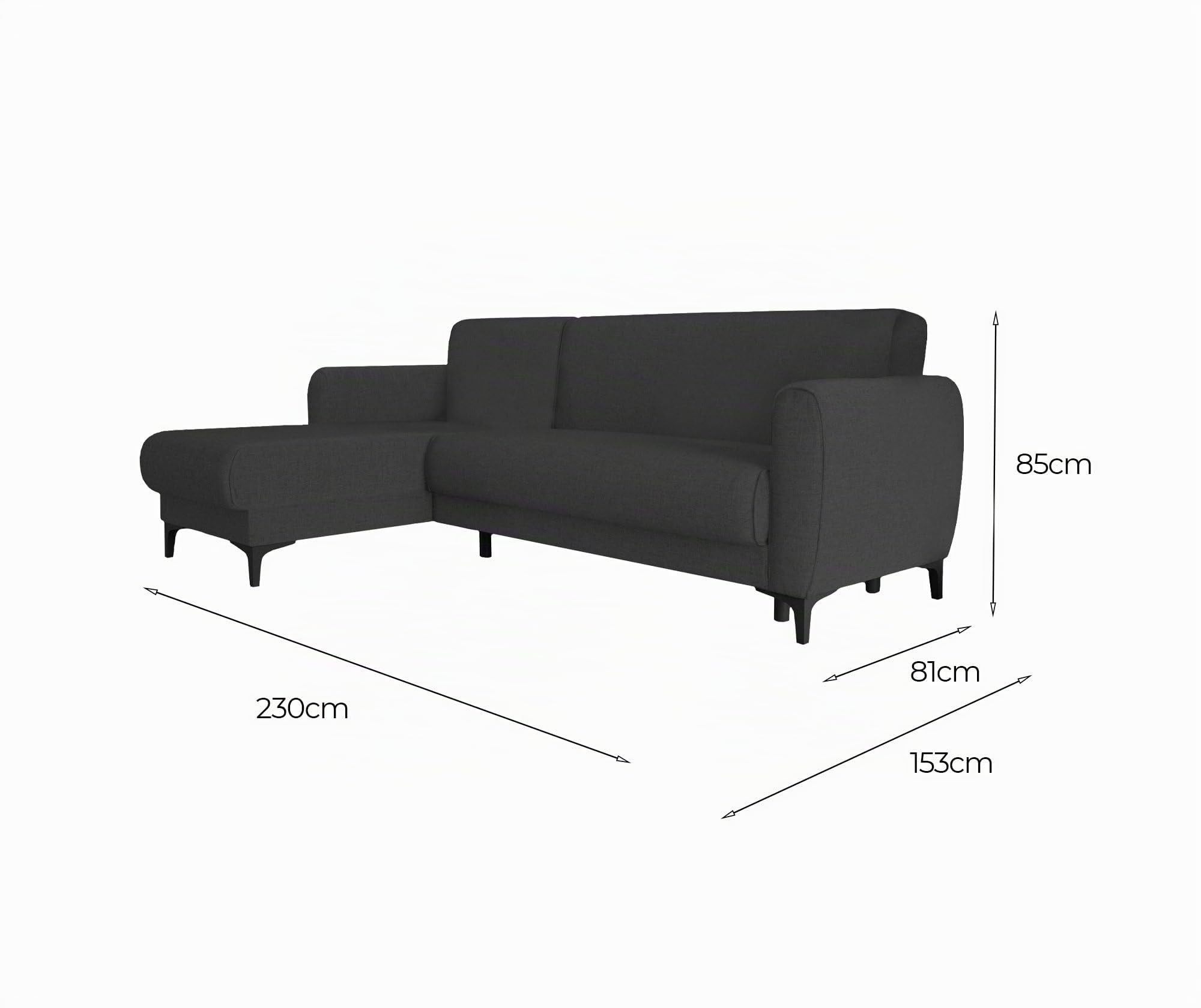Dmora - Divano Letto con penisola Angel, Divano ad Angolo Reversibile, Sofà Contenitore Moderno con Chaise Longue e 3 Cuscini, 230x153h85 cm, Antracite
