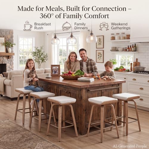 Image of HNY 26 inch Swivel Bar Stools Set of 2, Backless Counter Height Bar Stools with Removable Linen Cushion, 360 Swivel Wooden Saddle Stools with Footrest for Kitchen Island, Home Bar & Small Spaces