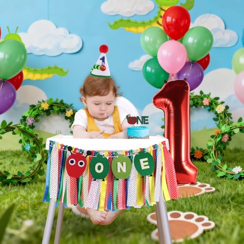 Image of Hungry Caterpillar Highchair Banner for First Birthday Party Decorations | One Caterpillar Fabric Banner for Girls Boys 1st Birthday Caterpillar Fruit High Chair Tassel Banner for Backdrop Decors