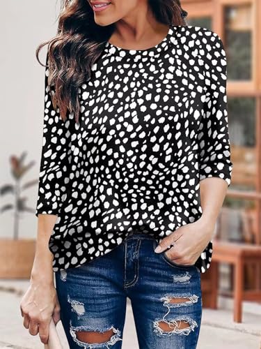 KISSMODA Tunic Tops for Women Loose Fit Dressy Round Neck Pleated 3/4 Length Sleeve Spring Tops