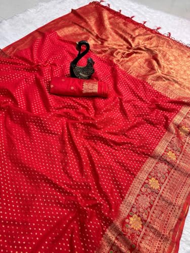 Image of Kanjivaram Silk Saree for Women - Handloom Floral Weaving, Contrast Border, Heavy Gold Zari Rich Pallu, Traditional Designer Wedding & Festive Saree with Blouse Piece