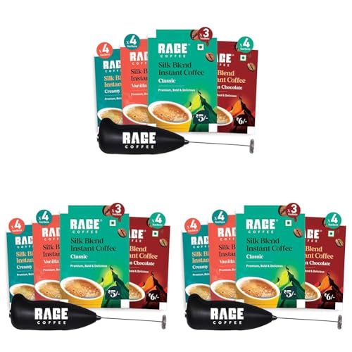 Image of Rage Coffee - Silk Blend Assorted Sachets & Frother Coffee Kit Combo (15 X 1.5 Gram Sachets) | 3 Classic, 4 Creamy Hazelnut, 4 Vanilla Velvet & 4 Belgian Chocolate Flavours & Beater)| (Pack of 3)
