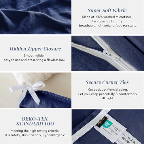 Image of MILDLY Duvet Cover Queen Ultra Soft Comforter Cover Set 3pcs, Navy Blue | Washed Microfiber Cotton-Like, Breathable Comfort, Hidden Zipper, Corner Ties, OEKO-TEX Certified, Fade Resistant