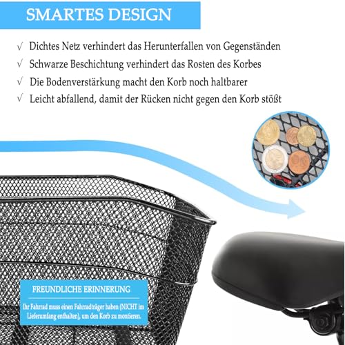 BINOTHINK Fahrradkorb Hinten, Metall Groß Fahrrad Korb Stabil Hinten, Fahrradkorb Gepäckträger Korb mit Montagezubehör für Kleiner Hund Einkaufen Picknick Schulranzen (M)