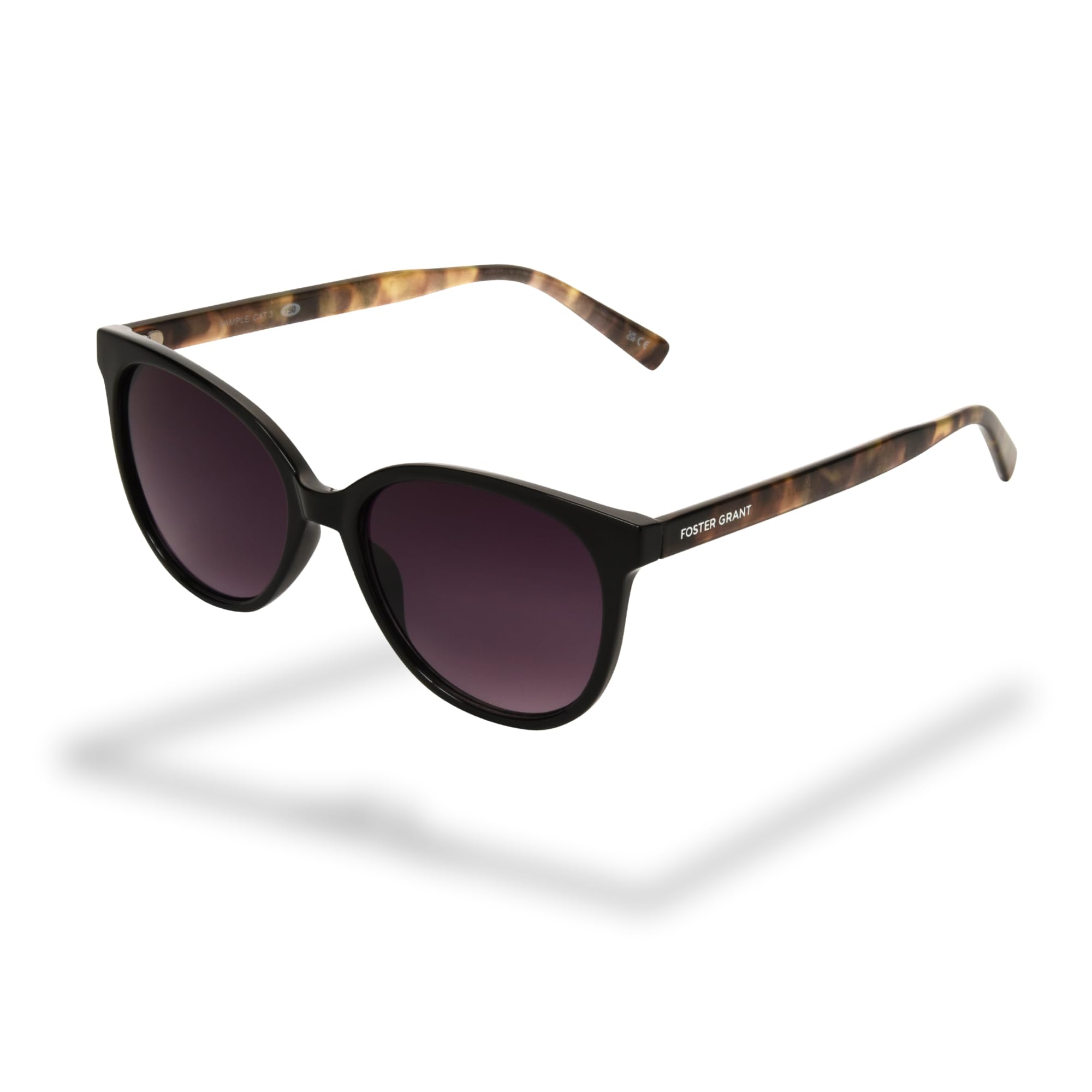 Foster Grant Womens Sunglasses – Cat-Eye Frame in Black with Tortoiseshell Temples, Scratch & Impact-Resistant Lenses, Full UVA-UVB Protection for Everyday Style & Eye Care