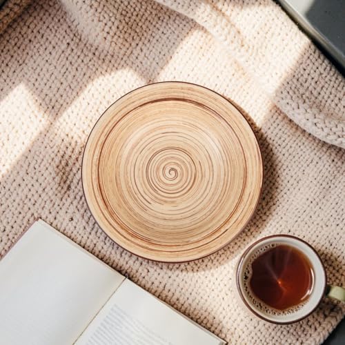 Image of Premium Pasta Plate, Ceramic Plate for Pasta, Small, Round & Deep Dish, Microwave & Dishwasher Safe, Handmade Stoneware, Elegant Tableware for Every Occasion, Spiral Beige, 7 Inch
