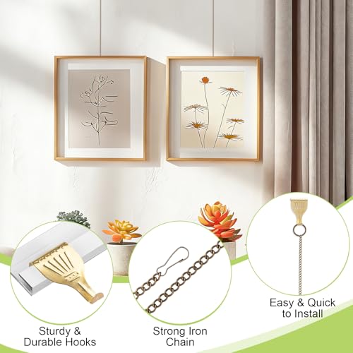 Image of Picture Hanging Kit 6Pcs Picture Rail Hooks & 6Pcs Chains, Metal Rail Hanging Hooks Picture Display Hanging System for Wall Picture, Exhibition(Bronze+Gold,1M)