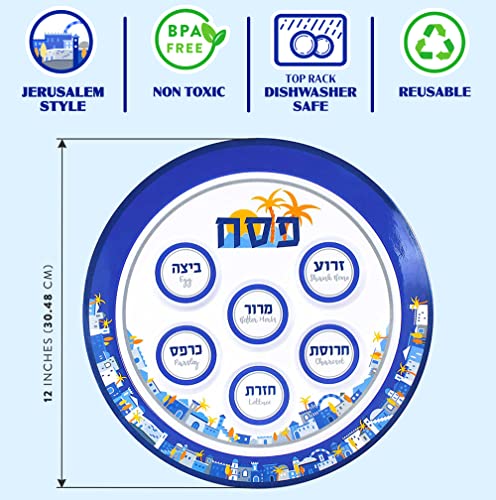 Jerusalem Passover Seder Plate 12" Melamine Bpa-Free Passover Plates 6 Sectional Plate Marked With Symbolic Traditional Pesach Seder Foods Round Seder Tray Passover Dinnerware By Zion Judaica - 1 Pc #TOP1
