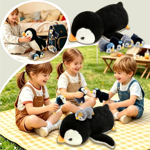 Image of Penguin Stuffed Animal,Cute Penguin Mommy Stuffed Animal with 4 Baby Penguin Plushies in Tummy,Kawaii Penguin Plush Toy Gift for Kids Girls Boys