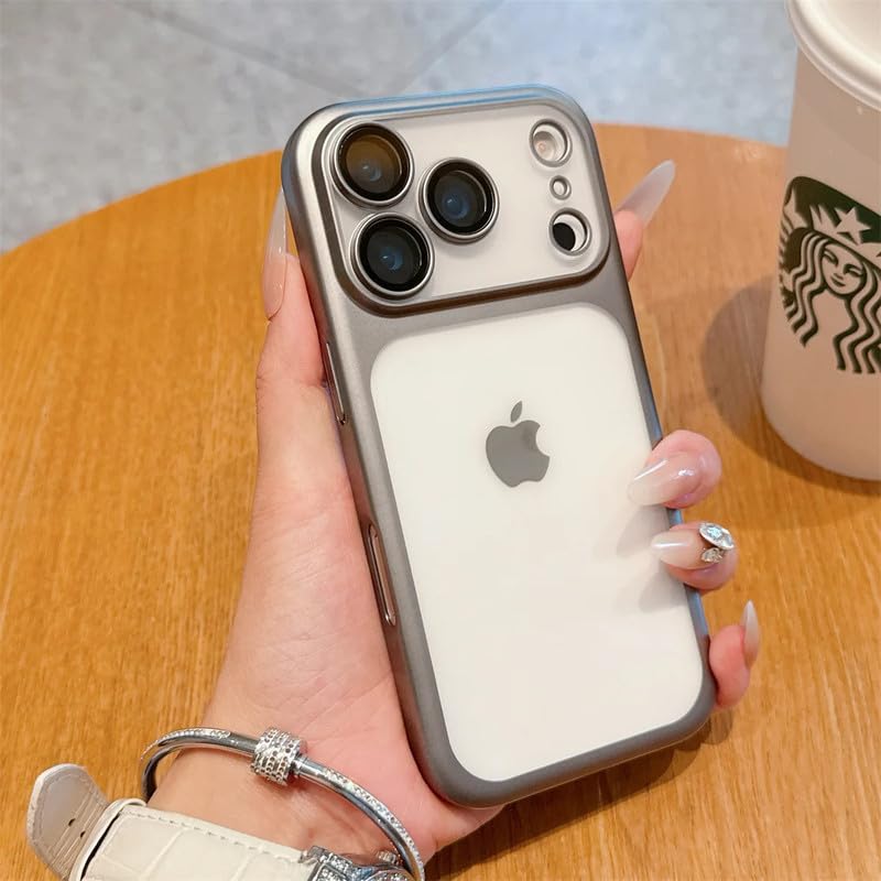 Image of LuxuryKase Hybrid Frosted Clear Case for iPhone 17 Pro | Matte Hard Back Cover | Metallic Frame | Shockproof Slim Design | Anti-Fingerprint | in-Built Camera Lens Protection - Silver