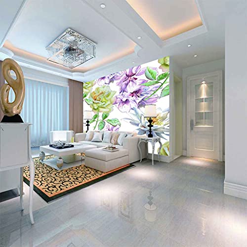 Papier Peint Panoramique 3D Fleurs Blanches Violettes Toile Auto-adhésive 250x175 cm