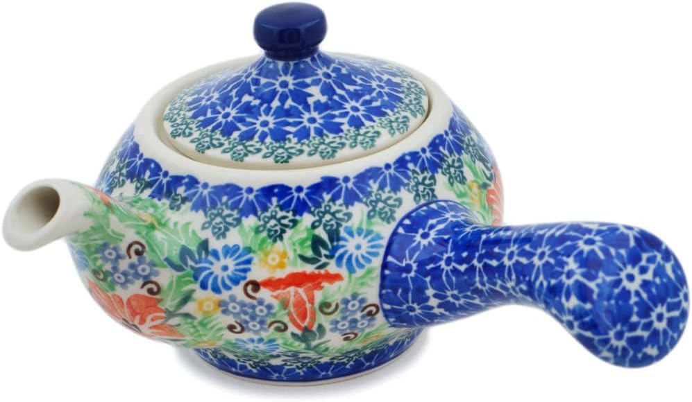 Polmedia Polish Pottery Tea or Coffee Pot UNIKAT - Trumpet Garden Pattern Handmade in Boleslawiec Poland by Ceramika Artystyczna + Certificate of Authenticity