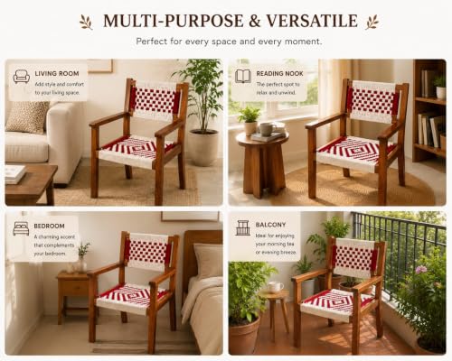 Image of Handcrafted Solid Sheesham Wood Accent Chair with Cotton Rope Weaving | Modern Wooden Arm Chair for Living Room, Bedroom & Balcony | Rustic Handmade Lounge Chair | Natural Finish (Red & White)