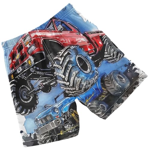 Pigsaly Boys' Swim Board Shorts Hand Drawing Blue Monster Truck Red Boy's Swim Trunks Kids Swimwear M2
