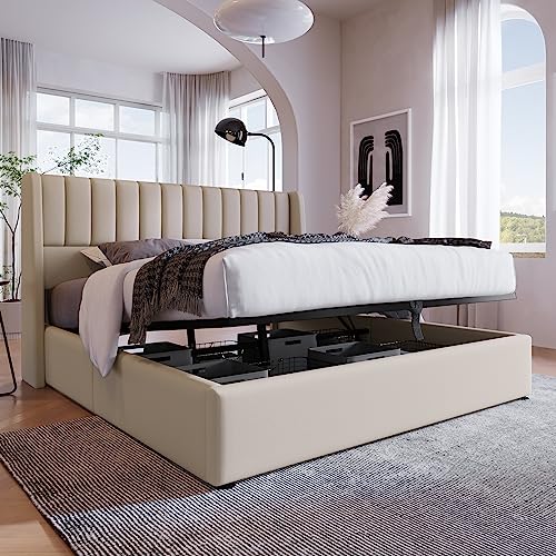 Kehun Polsterbett Doppelbett 180x200 cm mit Holz Lattenrost aus Metallrahme, Hydraulisch Bett mit Kopfteil, Moderner Stauraumbett Bettrahmen mit Groß Stauraum, Leinen, Beige, ohne Matratze – Bild 6