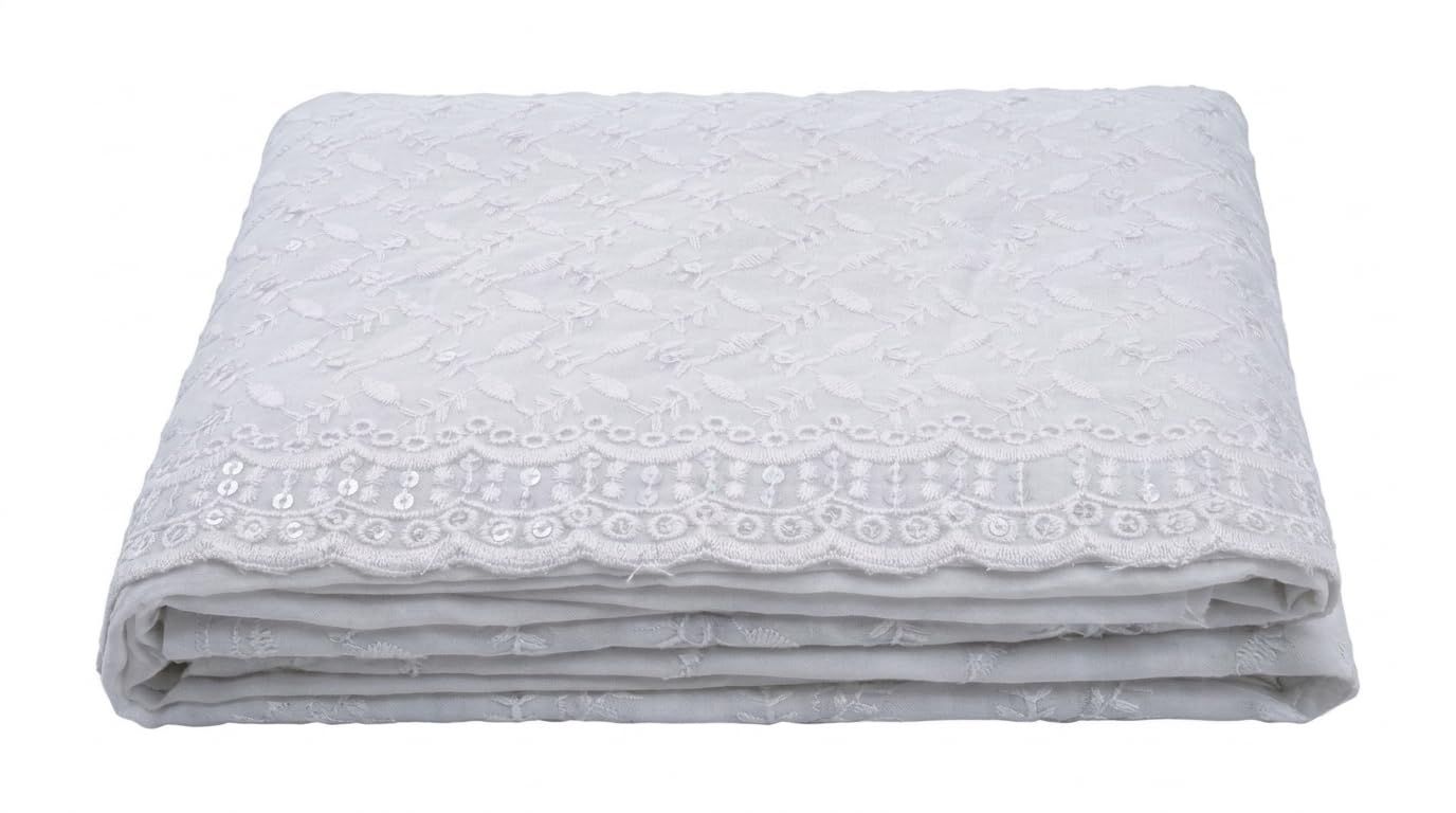 Premium Women's Unstitched Chikankari Fabric 1 Meter x 36 Inch | Soft Pure Cotton Blouse & Choli Fabric with Sequins Embroidery and One Side Border-image-9