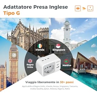 TESSAN Adattatore Presa Inglese con USB C e USB A, 5 in 1 Adattatori Prese Inglesi, Adattatore UK 3250 W, Presa Inglese per Regno Unito, Irlanda, Scozia, Singapore, Tipo G
