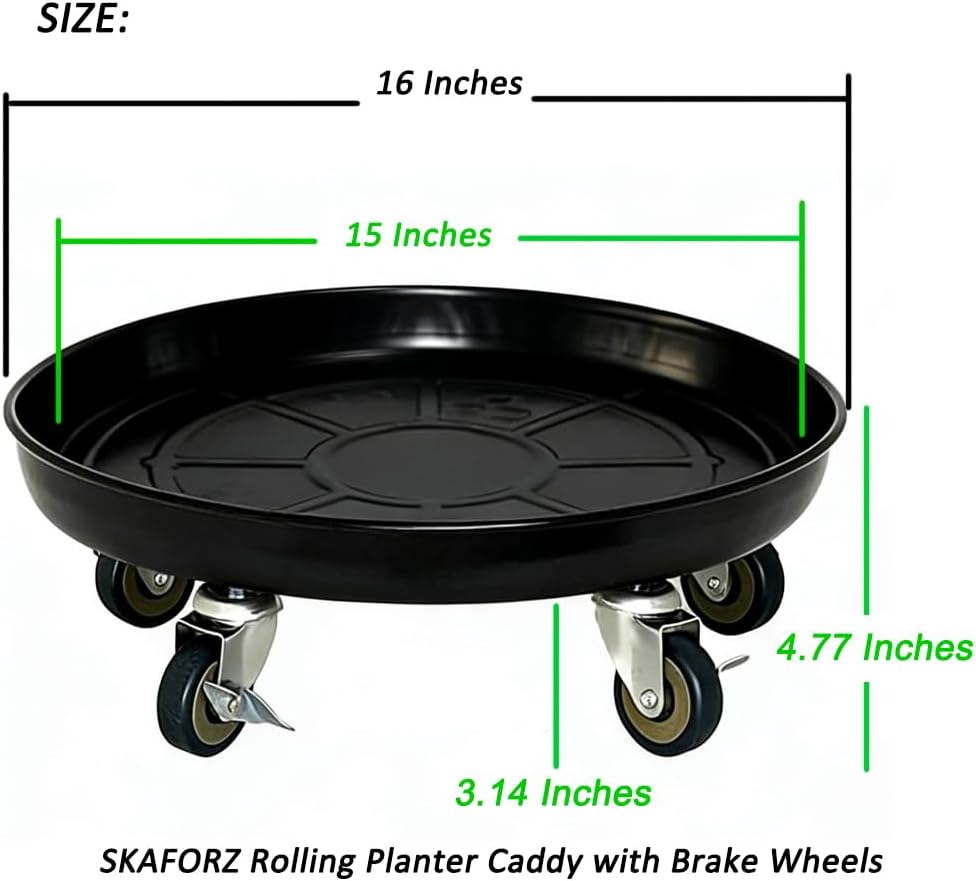Rolling Planter Caddy(430lbs Capacity), Heavy Duty Metal Plant Stand with Brake Wheels Plant Dolly Mover Plant Pot Tray Saucer for Indoor Outdoor 16 Inches Black 2-Pack