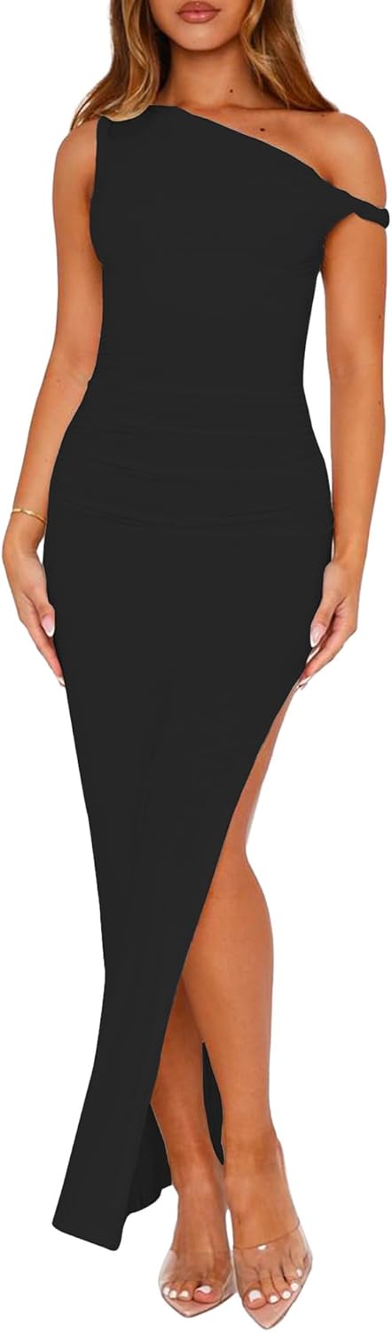 Women's One Shoulder Dresses Fall Cocktail Twist Strap Side Slit Bodycon Elegant Wedding Guest Prom Party Maxi Dress