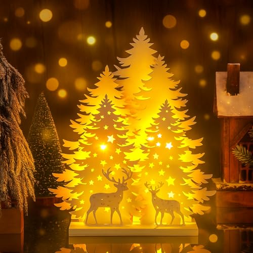 Cinnvoice Wood Christmas Tree Tabletop LED Light 13.7" Reindeer Silhouette