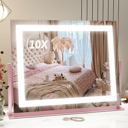 ROLOVE Pink Vanity Mirror with Lights 22"x18", Lighted Makeup Mirror