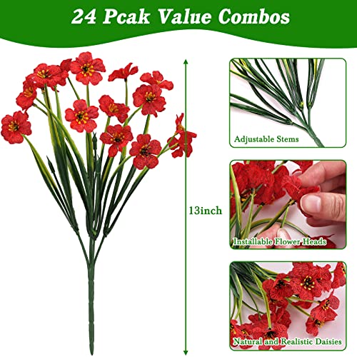 Cewor 24 Bundles Artificial Flowers For Outdoors, Fake Silk Flowers Faux Plants Uv Resistant For Hanging Planters Window Box Front Porch Indoor Outside Decorations (Red) #TOP1