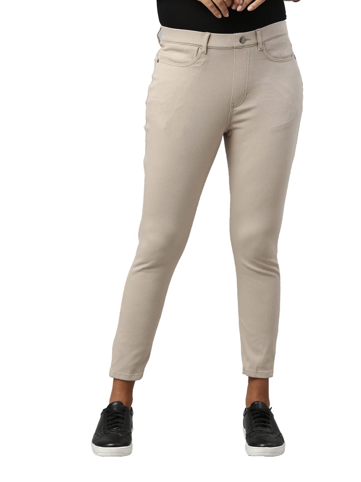 GO COLORS Women's Solid Beige Polycotton 7-8th Length Cropped Jeggings