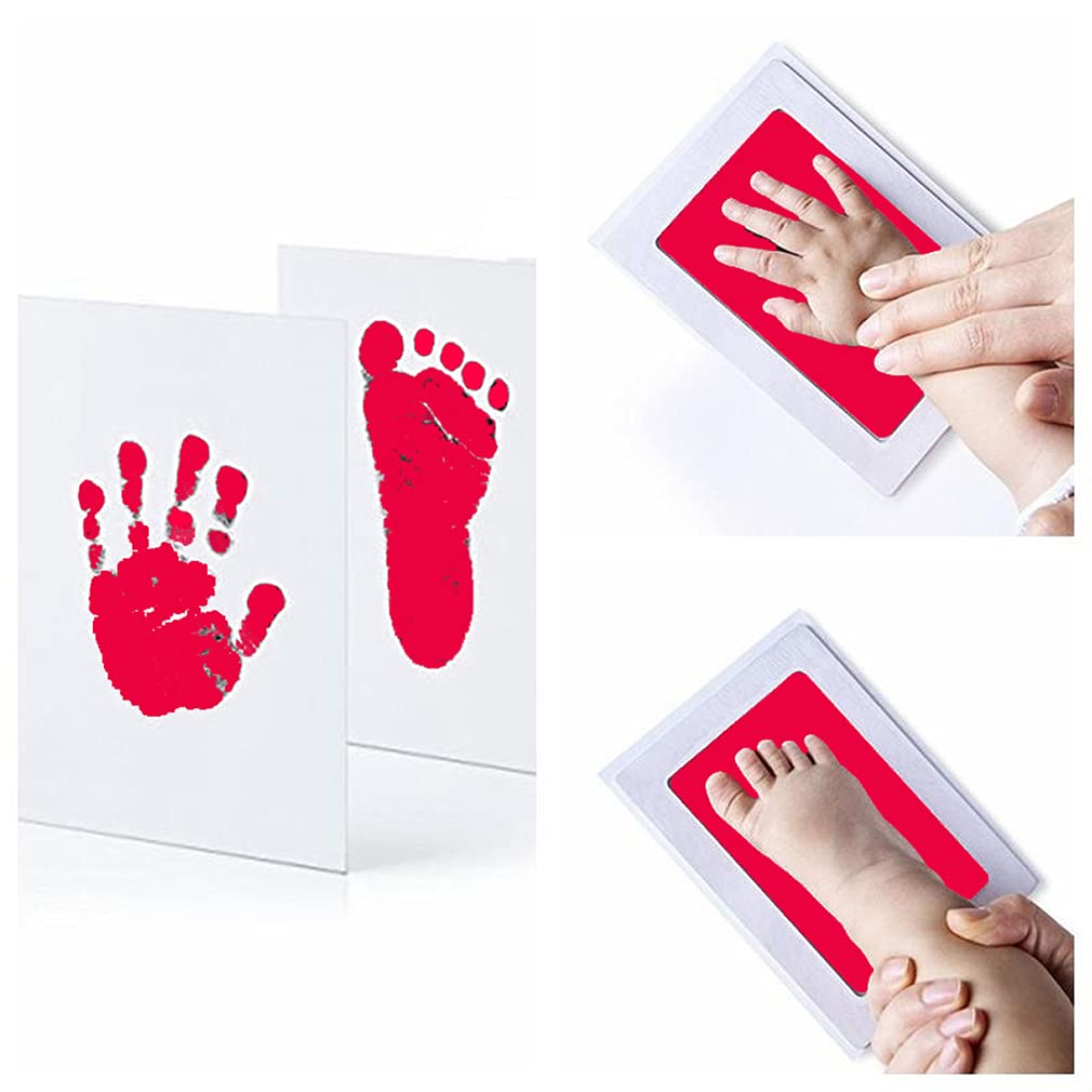 Baby Handprint Footprint Keepsake Kit Preserve Newborn Kid Touch with Ink Pad and Impression Prints Frame to Decorate and Gift for Child First Birthday Foot Hand inkpad Color: Red