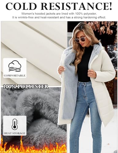 Yuson Girl Damen Winterjacke Winterparka Lang Steppmantel Fleece Gefüttert Mantel Herbst Winter Dicker Warm Parka mit Fell Wasserdicht Outdoor Jacke Elegant Parka mit Tasche(Beige, S)