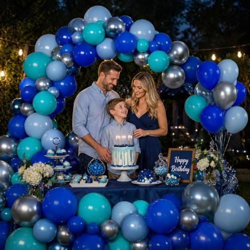 Image of Blue Balloon Set, 12 Inch Metallic Chrome Light Royal Baby Dark Sky Matte Powder Shades of Blue Teal Latex Balloons for Men Boy Birthday Father's Day Bridal Shower Wedding Ocean Party Decorations