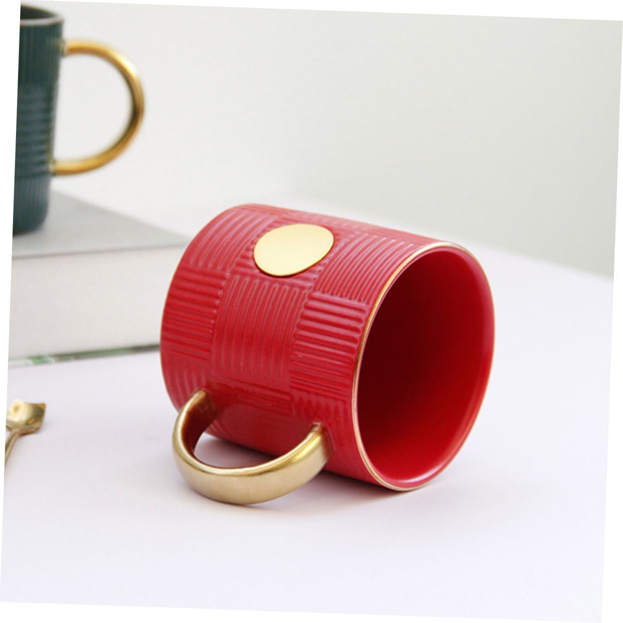 Alipis Vintage Red Striped Ceramic Coffee Mug with Handle Water Cup for Home and Office Flat Base Non-slip Design Easy to Clean Stylish Retro Drinkware for Coffee and Juice