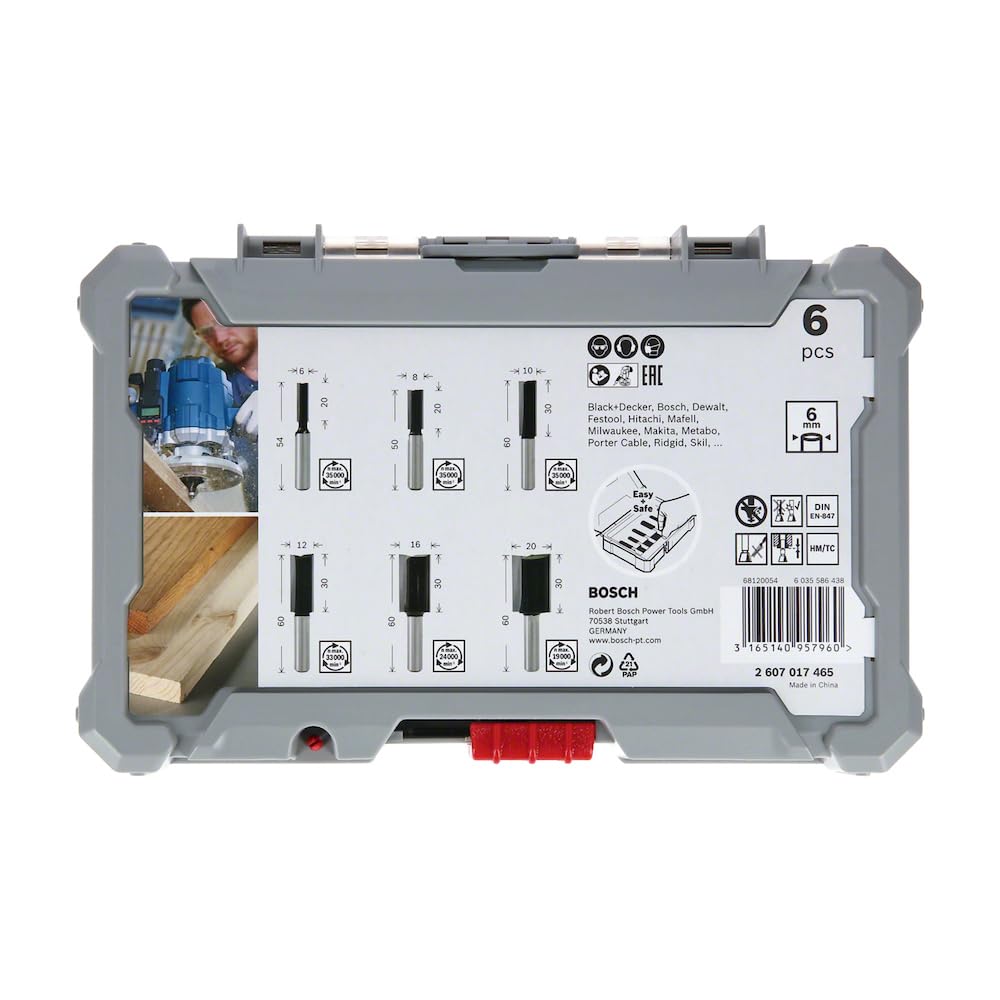 Bosch 6x Set di punte per fresa PRO diritte, 6 pz (per Legno tenero, Legno duro, Ø 6, 8, 10, 12, 16, 20 mm, Professional Accessorio Fresatrice portatile, Rifilatore)