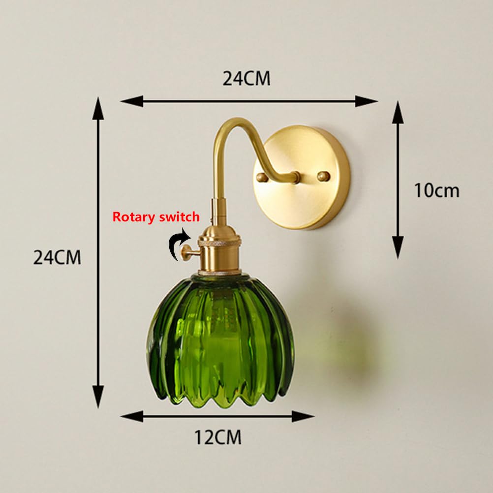 Lampa ścienna w stylu vintage, mosiężna, złota, z gwintem E27, z przełącznikiem i zielonym wzorem kwiatowym, szklany klosz, lampka nocna, dekoracyjna lampa do salonu, sypialni, restauracji, kawiarni,