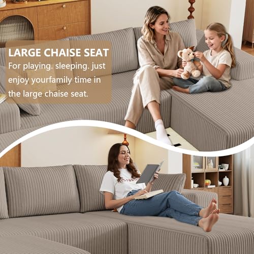 Image of 96 inch U-Shape Cloud Couch, Modern Modular Sectional L-Shape Sofa with Ottoman, Corduroy Upholstered Couches Deep Seat Chaise Longue for Living Room, No Assembly Required(Camel, Right Facing)