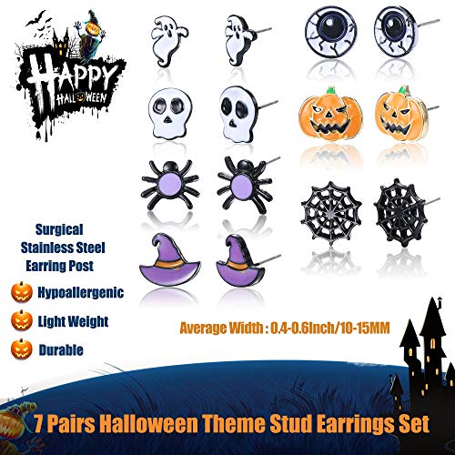 Sllaiss Halloween Earrings 7 Pairs Mixed Halloween Theme Stainless Steel Stud Earrings for Women Skull Spider Ghost Eyeball Pumpkin Earrings2