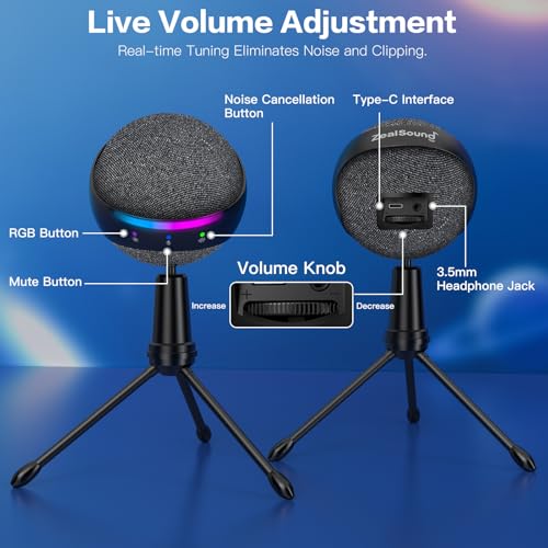 Image of ZealSound Podcast USB Microphone for PC /Mac /iPhone, Cardioid Condenser Mic with Noise Reduction, Tap-to-Mute, RGB Lighting, Zero Latency Monitoring, Volume Control for Gaming, Recording, YouTube