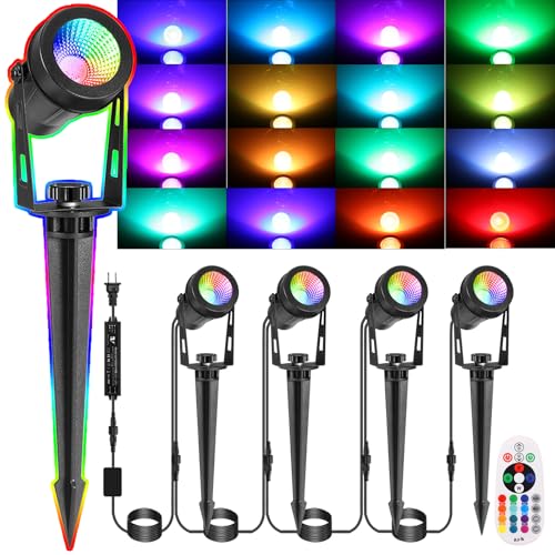 GreenClick 15M Garden Spot Lights Mains Powered, RGB Color Changing Garden Spike Lights,IP65 Waterproof Outdoor Uplighter,12V Timer Memory Remote for Wall Yard Landscape Christmas,Holiday(4Pack 12W)