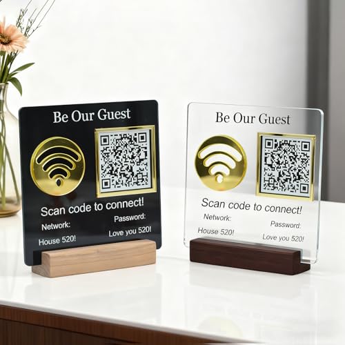 Panneau avec mot de passe Wi-Fi personnalisé, code QR WiFi 3D avec base, panneau Wi-Fi personnalisé de 13 x 13 cm pour invités, porteur WiFi, signalisation...