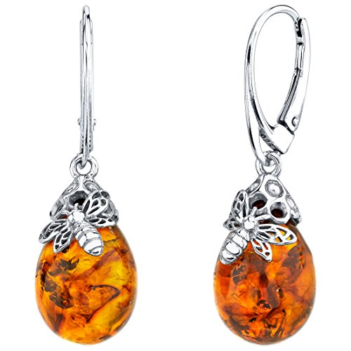 Peora Genuine Baltic Amber Bumble Bee Earrings For Women 925 Sterling Silver, Teardrop Shape, Rich Cognac Color, Lever Backs #TOP3