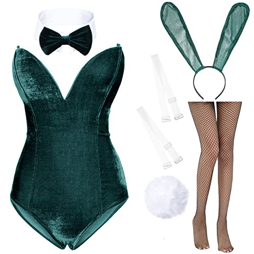 AiMiNa Anime Womens Bunny Girl Costume One Piece Bodysuit Halloween Cosplay Catsuit Bunny Headband Stockings Set(Dark green S)