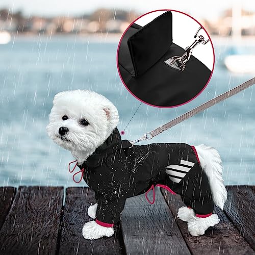 Miucat Hunderegenmantel, wasserdichte Hunderegenjacke mit Kapuze, Hunderegenmantel mit Loch für die Leine, reflektierender Gurt für kleine und mittelgroße Hunde, leichte Welpenkleidung (Schwarz, M)
