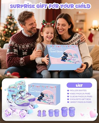 Rollschuhe Kinder Verstellbar Mädchen Rollerskates, Größe 26-37 Mit 6er Kinder Protektoren Set und Led Leuchtenden Rädern für Mädchen1 Pair