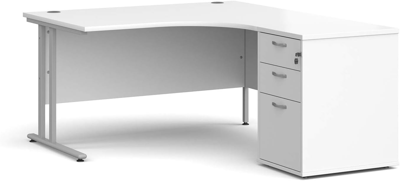 Compact White 1400 Ergonomic Right Hand Corner Desk with 3 Draw Desk High Pedestal